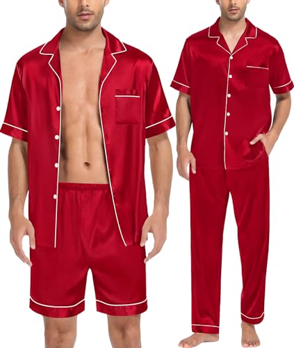 SWOMOG Herren Seiden Satin Schlafanzüge Set 3 PCS Kurzarm Button Down Schlafanzug Silky Pjs Notch Collar Nachtwäsche von SWOMOG