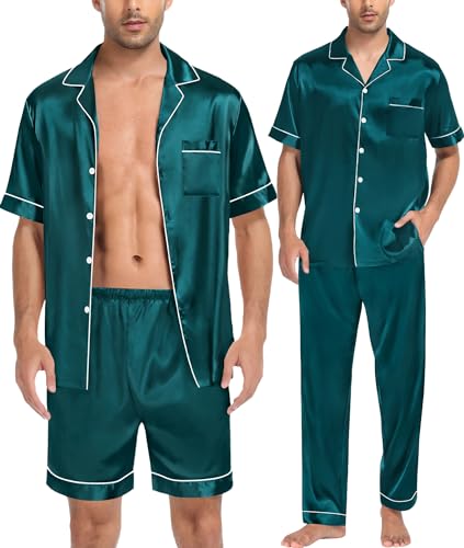 SWOMOG Herren Seidensatin Schlafanzug Set Kurzarm 3 Stück Pyjama Schlafanzug Button-Down Loungewear Pjs von SWOMOG