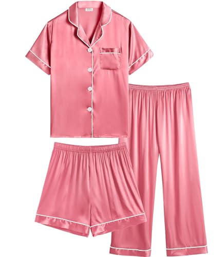 SWOMOG Kinder Schlafanzüge 3 Stück Silk Pyjama Set für Mädchen Jungen Button-Down Pjs Kurzarm Seide Nachtwäsche von SWOMOG