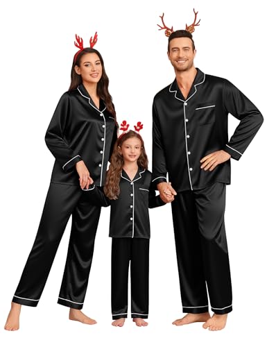 SWOMOG Matching Pyjamas Set für Paar Langarm Button Down Nachtwäsche Silky Satin Pjs Set für Frauen/Männer/Teenager Männlich Schwarz L von SWOMOG