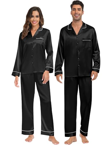 SWOMOG Partner Pyjama Paar Satin Schlafanzug Lang Weihnachten Herren Seide Nachtwäsche Zweiteiliger Langhose Hausanzug von SWOMOG