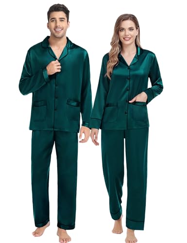 SWOMOG Passende Pyjama-Sets für Paare Seide Satin Pjs-Set mit 2 Taschen Langarm Button Down Nachtwäsche Nachtwäsche-Pjs-Set Weiblich Dunkelgrün M von SWOMOG