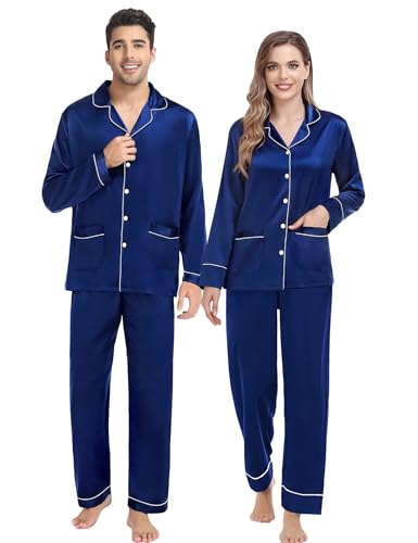 SWOMOG Passende Pyjama-Sets für Paare Seide Satin Pjs-Set mit 2 Taschen Langarm Button Down Nachtwäsche Nachtwäsche-Pjs-Set Weiblich Navy Blau XL von SWOMOG
