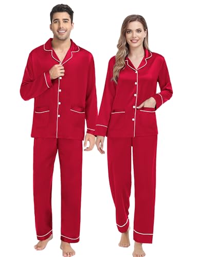 SWOMOG Passende Pyjama-Sets für Paare Seide Satin Pjs-Set mit 2 Taschen Langarm Button Down Nachtwäsche Nachtwäsche-Pjs-Set Weiblich Rot XXL von SWOMOG
