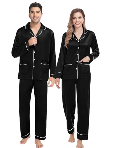 SWOMOG Passende Pyjama-Sets für Paare Seide Satin Pjs-Set mit 2 Taschen Langarm Button Down Nachtwäsche Nachtwäsche-Pjs-Set Weiblich Schwarz L von SWOMOG
