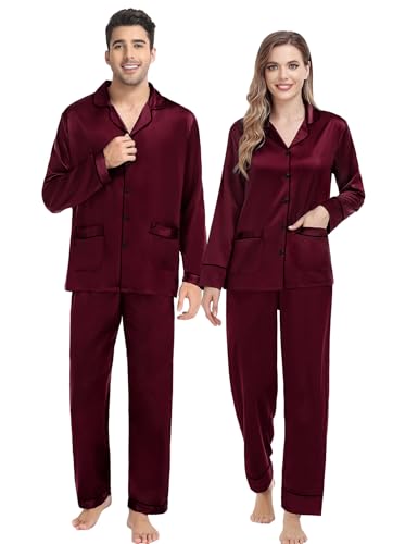 SWOMOG Passende Pyjama-Sets für Paare Seide Satin Pjs-Set mit 2 Taschen Langarm Button Down Nachtwäsche Nachtwäsche-Pjs-Set Weiblich Tiefes Weinrot XXL von SWOMOG