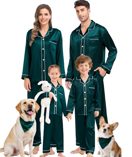 SWOMOG Passende Seiden-Pyjama-Set für die Familie Paar Button Down 2-teilig Nachtwäsche Langarm Seidiges Nachtwäsche-Pjs-Set Männlich Dunkelgrün L von SWOMOG