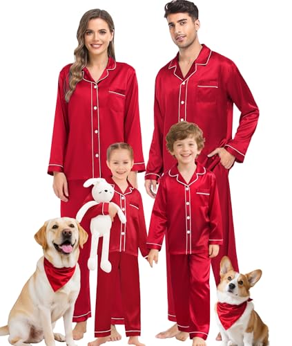 SWOMOG Passende Seiden-Pyjama-Set für die Familie Paar Button Down 2-teilig Nachtwäsche Langarm Seidiges Nachtwäsche-Pjs-Set Männlich Rosa XL von SWOMOG