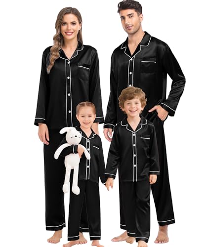 SWOMOG Passende Seiden-Pyjama-Set für die Familie Paar Button Down 2-teilig Nachtwäsche Langarm Seidiges Nachtwäsche-Pjs-Set Männlich Schwarz S von SWOMOG
