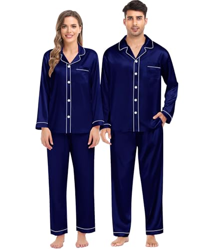 SWOMOG Passende Seiden-Pyjama-Set für die Familie Paar Button Down 2-teilig Nachtwäsche Langarm Seidiges Nachtwäsche-Pjs-Set Männlich Tiefes Marineblau M von SWOMOG