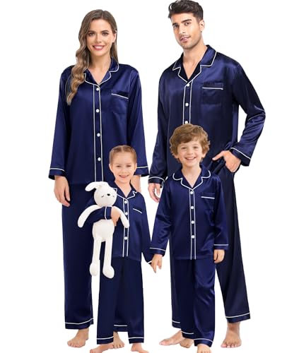 SWOMOG Passende Seiden-Pyjama-Set für die Familie Paar Button Down 2-teilig Nachtwäsche Langarm Seidiges Nachtwäsche-Pjs-Set Männlich Tiefes Marineblau XL von SWOMOG