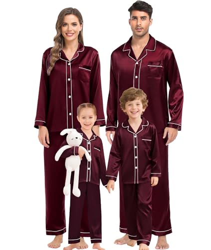 SWOMOG Passende Seiden-Pyjama-Set für die Familie Paar Button Down 2-teilig Nachtwäsche Langarm Seidiges Nachtwäsche-Pjs-Set Tiefes Weinrot 130 cm von SWOMOG