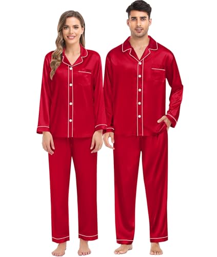 SWOMOG Passende Seiden-Pyjama-Set für die Familie Paar Button Down 2-teilig Nachtwäsche Langarm Seidiges Nachtwäsche-Pjs-Set Weiblich Rosa L von SWOMOG