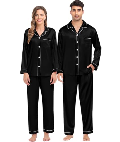 SWOMOG Passende Seiden-Pyjama-Set für die Familie Paar Button Down 2-teilig Nachtwäsche Langarm Seidiges Nachtwäsche-Pjs-Set Weiblich Schwarz L von SWOMOG