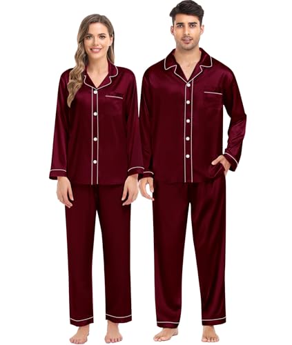 SWOMOG Passende Seiden-Pyjama-Set für die Familie Paar Button Down 2-teilig Nachtwäsche Langarm Seidiges Nachtwäsche-Pjs-Set Weiblich Tiefes Weinrot XXL von SWOMOG