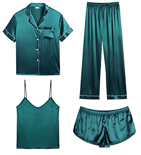 SWOMOG Pyjama Damen Kurz 4 Stück Schlafanzug Satin Nachtwäsche Nachthemd Seide Pyjama Cami Weste and Shorts von SWOMOG