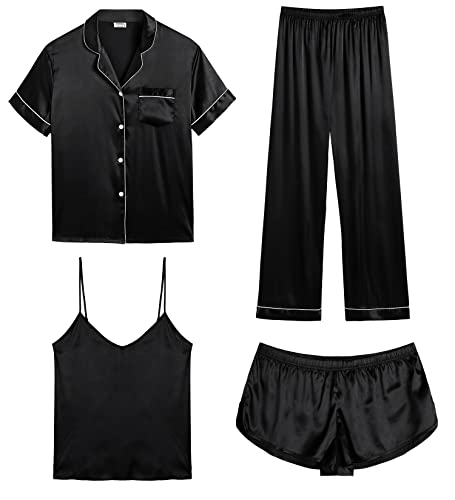 SWOMOG Pyjama Damen Kurz Satin 4-teilige Top und Short Schlafanzug Button Down Pjs Sets Frauen Seiden Nachtwäsche SWOMOG Pyjama Damen Kurz Satin 4-teilige Top und Short Schlafanzug Button Down Pjs Sets Frauen Seiden Nachtwäsche von SWOMOG