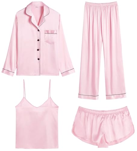 SWOMOG Pyjama Damen Lang 4-teiliges Satin Schlafanzug mit Knopf Seiden Ärmellosi Top Short Set Frauen Silk Nachtwäsche von SWOMOG