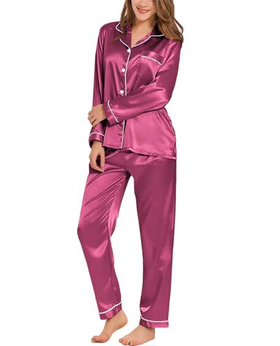SWOMOG Satin Damen Schlafanzug Lang mit Knopfleiste Langarm Nachtwäsche Pyjamas Set Zweiteiliger Hausanzug Seide Pyjama Frauen Pj Sets von SWOMOG
