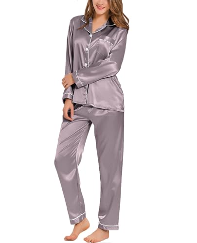 SWOMOG Satin Damen Schlafanzug Lang mit Knopfleiste Langarm Nachtwäsche Pyjamas Set Zweiteiliger Hausanzug Seide Pyjama Frauen Pj Sets von SWOMOG