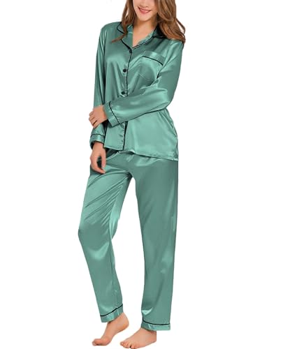 SWOMOG Satin Damen Schlafanzug Lang mit Knopfleiste Langarm Nachtwäsche Pyjamas Set Zweiteiliger Hausanzug Seide Pyjama Frauen Pj Sets von SWOMOG