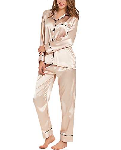 SWOMOG Satin Damen Schlafanzug mit Knopfleiste Langarm Nachtwäsche Pyjamas Set Zweiteiliger Nachtwäsche Hausanzug Champagne Small von SWOMOG