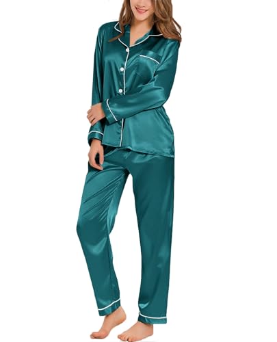 SWOMOG Pyjama Damen Lang Satin Seiden Schlafanzug mit Knopfleiste Zweiteiliger Nachtwäsche Hausanzug Silk Silky Schlafanzüge für Damen Frauen Pjs Loungewear M Grün von SWOMOG