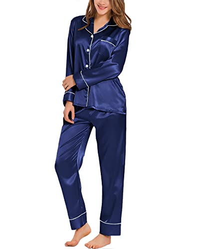SWOMOG Satin Damen Schlafanzug mit Knopfleiste Langarm Nachtwäsche Pyjamas Set Zweiteiliger Nachtwäsche Hausanzug Navy Blau X-Large von SWOMOG