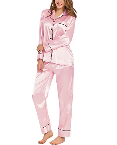 SWOMOG Satin Damen Schlafanzug mit Knopfleiste Langarm Nachtwäsche Pyjamas Set Zweiteiliger Nachtwäsche Hausanzug Rosa Large von SWOMOG