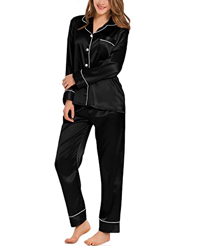 SWOMOG Satin Damen Schlafanzug mit Knopfleiste Langarm Nachtwäsche Pyjamas Set Zweiteiliger Nachtwäsche Hausanzug Schwarz X-Large von SWOMOG