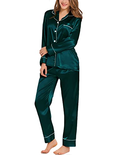 SWOMOG Satin Damen Schlafanzug mit Knopfleiste Langarm Nachtwäsche Pyjamas Set Zweiteiliger Nachtwäsche Hausanzug Tiefgrün X-Large von SWOMOG