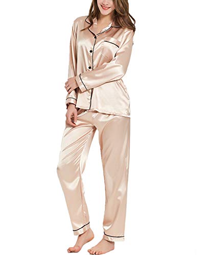 SWOMOG Schlafanzüge für Damen Satin Seide Langarm Nachtwäsche mit Knopfleiste Silk Pyjamas Set Zweiteiliger PJs Seiden Lang Hemdpyjama Champagner von SWOMOG