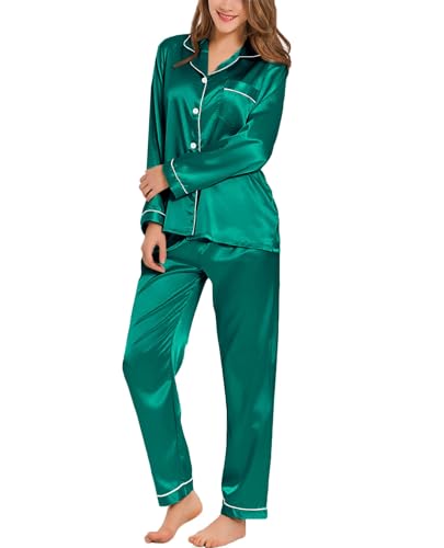 SWOMOG Satin Damen Schlafanzug mit Knopfleiste Langarm Nachtwäsche Pyjamas Set Zweiteiliger Nachtwäsche Hausanzug von SWOMOG