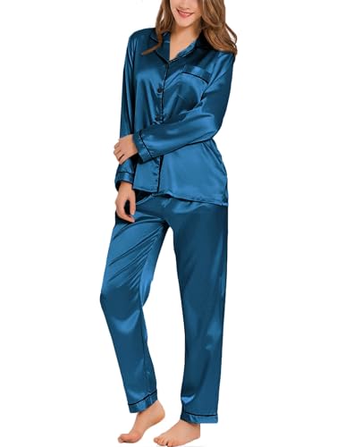 SWOMOG Satin Damen Schlafanzug mit Knopfleiste Langarm Nachtwäsche Pyjamas Set Zweiteiliger Nachtwäsche Hausanzug von SWOMOG