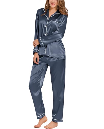 SWOMOG Satin Damen Schlafanzug mit Knopfleiste Langarm Nachtwäsche Pyjamas Set Zweiteiliger Nachtwäsche Hausanzug von SWOMOG