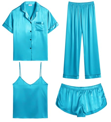 SWOMOG Satin Pyjama Damen Kurz 4-teiliges Kurzarm Schlafanzug Cami and Shorts Set Frauen Silk Pjs Sets Hausanzug Loungewear von SWOMOG