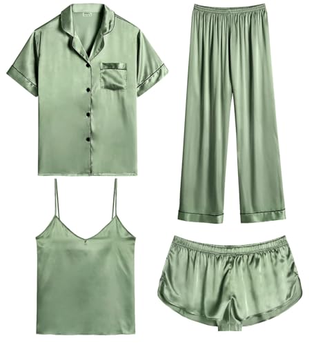 SWOMOG Satin Pyjama Damen Kurz 4-teiliges Kurzarm Schlafanzug Cami and Shorts Set Frauen Silk Pjs Sets Hausanzug Loungewear von SWOMOG