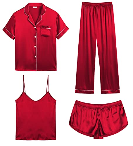 SWOMOG Satin Pyjama Damen Kurz 4-teiliges Kurzarm Schlafanzug Cami and Shorts Set Frauen Silk Pjs Sets Hausanzug Loungewear von SWOMOG