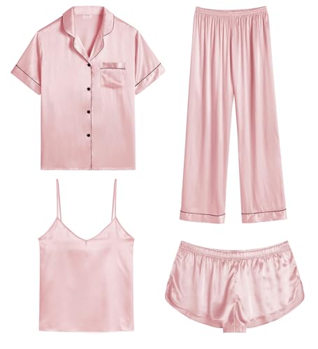 SWOMOG Satin Pyjama Damen Kurz 4-teiliges Kurzarm Schlafanzug Cami and Shorts Set Frauen Silk Pjs Sets Hausanzug Loungewear von SWOMOG
