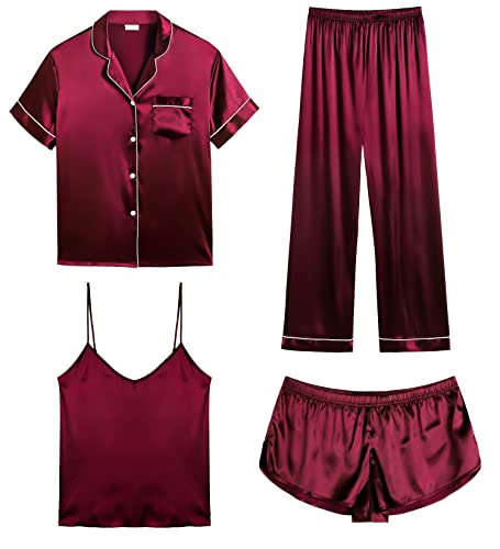 SWOMOG Satin Pyjama Damen Kurz 4-teiliges Schlafanzug Kurzarm Nachtwäsche Cami and Shorts Set Frauen Pjs Sets Hausanzug Loungewear XS-XXL SWOMOG Satin Pyjama Damen Kurz 4-teiliges Schlafanzug Kurzarm Nachtwäsche Cami and Shorts Set Frauen Pjs Sets Hausanzug Loungewear XS-XXL von SWOMOG