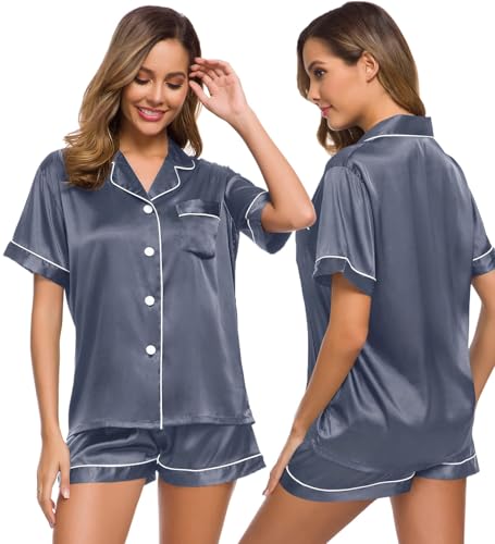 SWOMOG Satin Pyjama Damen Kurz Schlafanzug mit Knopf Frauen Seide Nachtwäsche Zweiteiliger Pjs Sets Hausanzug von SWOMOG