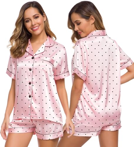 SWOMOG Satin Pyjama Damen Kurz Schlafanzug mit Knopf Frauen Seide Nachtwäsche Zweiteiliger Pjs Sets Hausanzug von SWOMOG