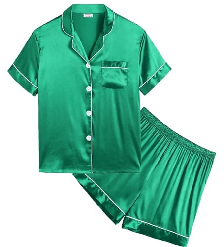 SWOMOG Satin Pyjama Mädchen Kurz Baby Schlafanzug mit Knopf Kinder Jungen Seide Shorty Nachtwäsche Teenager Zweiteiliger Pjs Sets von SWOMOG