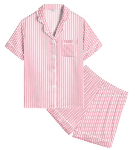 SWOMOG Satin Pyjama Mädchen Kurz Kinder Satin Pyjama mit Knopfleiste Jungen Seide Nachtwäsche Zweiteiliger Pjs Sets von SWOMOG