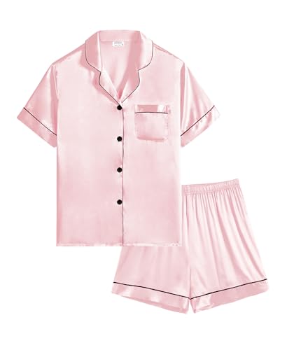 SWOMOG Satin Pyjama Mädchen Kurz Kinder Satin Pyjama mit Knopfleiste Jungen Seide Nachtwäsche Zweiteiliger Pjs Sets von SWOMOG