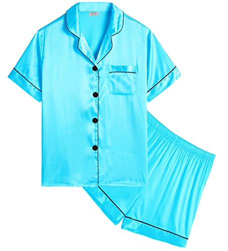 SWOMOG Satin Pyjama Mädchen Kurz Kinder Satin Pyjama mit Knopfleiste Niedlich Jungen Seide Nachtwäsche Zweiteiliger Pjs Sets von SWOMOG