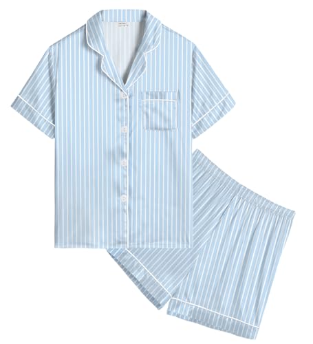 SWOMOG Satin Pyjama Mädchen Kurz Kinder Satin Pyjama mit Knopfleiste Niedlich Jungen Seide Nachtwäsche Zweiteiliger Pjs Sets von SWOMOG