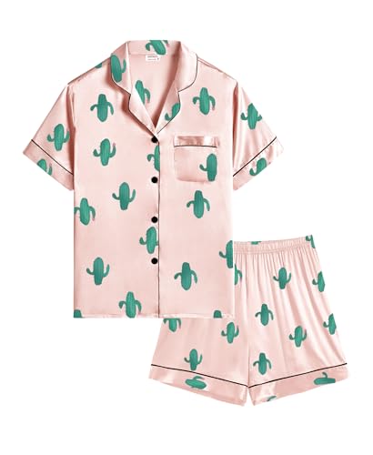 SWOMOG Satin Pyjama Mädchen Kurz Kinder Satin Pyjama mit Knopfleiste Niedlich Jungen Seide Nachtwäsche Zweiteiliger Pjs Sets von SWOMOG