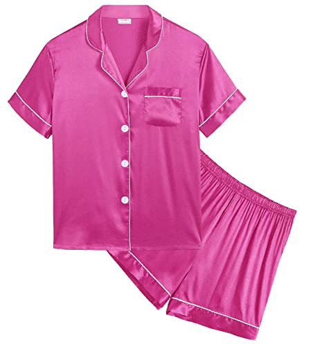SWOMOG Satin Pyjama Mädchen Kurz Kinder Satin Pyjama mit Knopfleiste Niedlich Jungen Seide Nachtwäsche Zweiteiliger Pjs Sets von SWOMOG