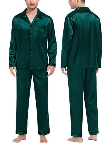 SWOMOG Satin Schlafanzug Herren Lang mit Knopf Seidenpyjama für Herren Silky Pyjamas Set Button Down PJs Sets Nachtwäsche Hausanzug von SWOMOG